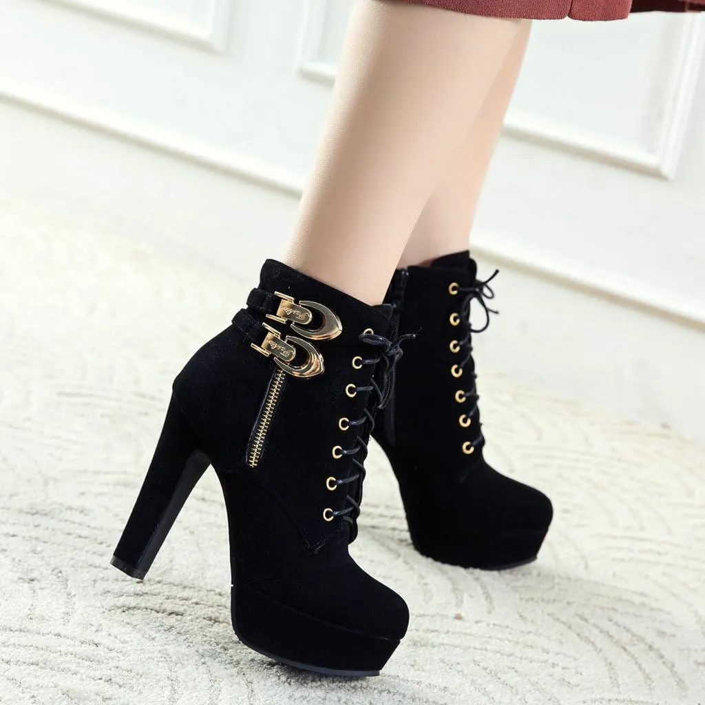 DINTAHA Chunky Platform Heels Boots Faux Suede Ankle Boots Lace Up Booties Heeled Combat Boots
