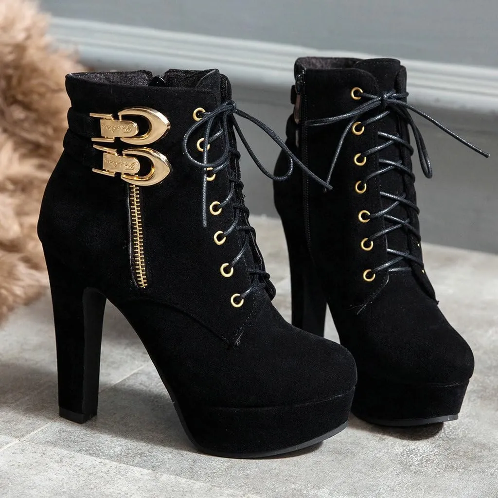 DINTAHA Chunky Platform Heels Boots Faux Suede Ankle Boots Lace Up Booties Heeled Combat Boots
