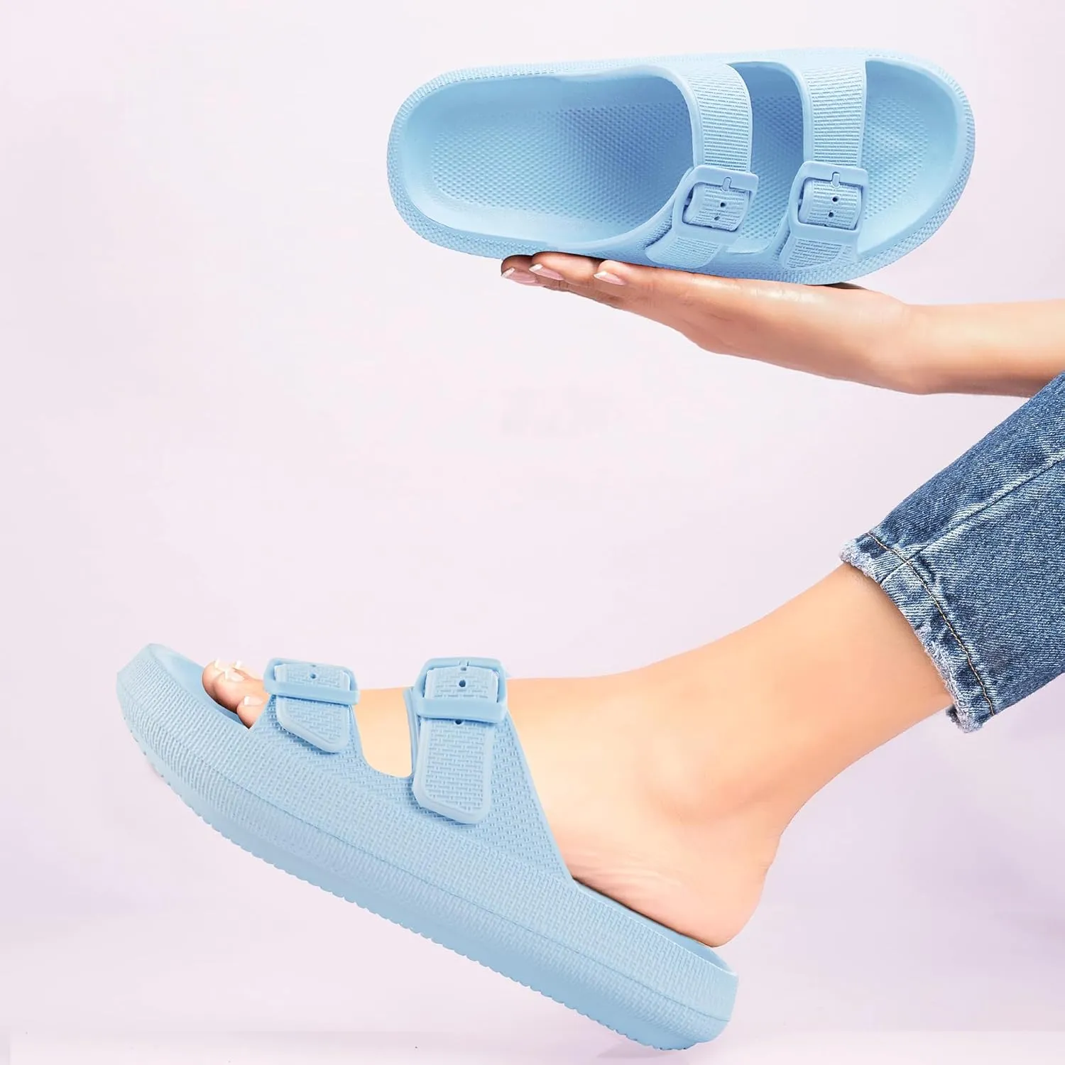 Dodow Womens Slide Sandals Adjustable Soft Cloud Comfort Slip On Flat Sandals