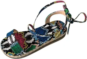 Dressy Flat Sandals for Women Plus Size Strap Up Platform Snakeskin Print Falt Open toe Womens Sandals Flat