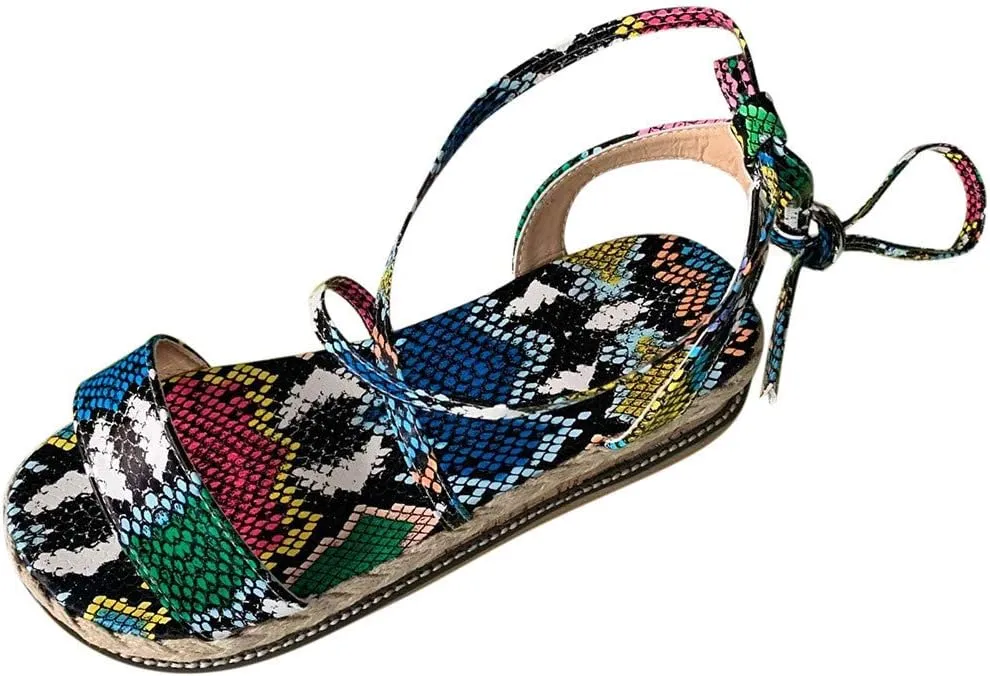 Dressy Flat Sandals for Women Plus Size Strap Up Platform Snakeskin Print Falt Open toe Womens Sandals Flat