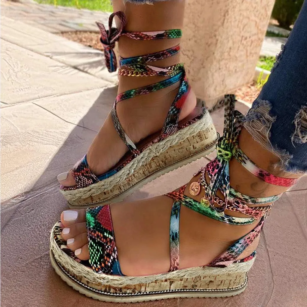 Dressy Flat Sandals for Women Plus Size Strap Up Platform Snakeskin Print Falt Open toe Womens Sandals Flat