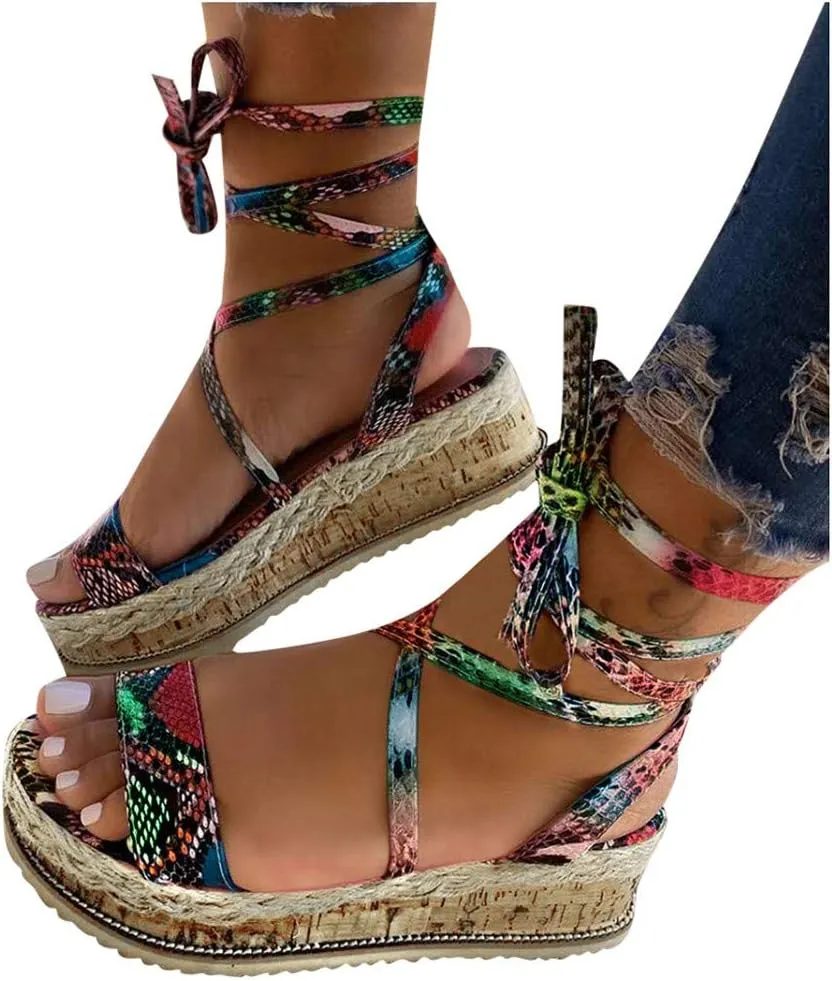 Dressy Flat Sandals for Women Plus Size Strap Up Platform Snakeskin Print Falt Open toe Womens Sandals Flat