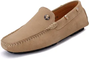 Driving Moccasins for Men Suede Vamp with Rivet Stitching Details Genuine Leather Round Toe Flat Heel Flexible Soft Resistant Driving Slip On for Any Attire