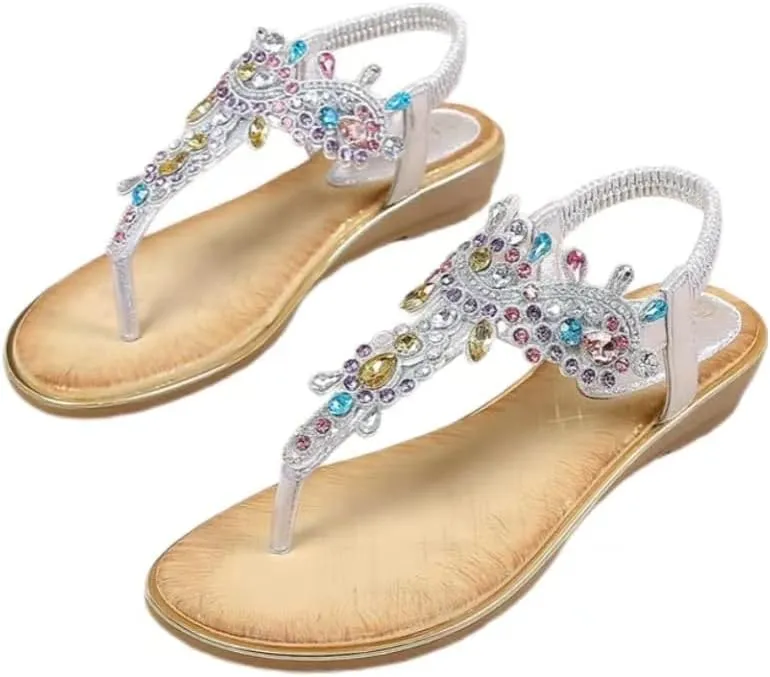 Duo Mei Zu Women Comfort Wedge Strappy Sandals with Slope Comfort Wedge，Shoes Flower Pattern Rhinestone Slope Heel Rubber Outsole Sandals