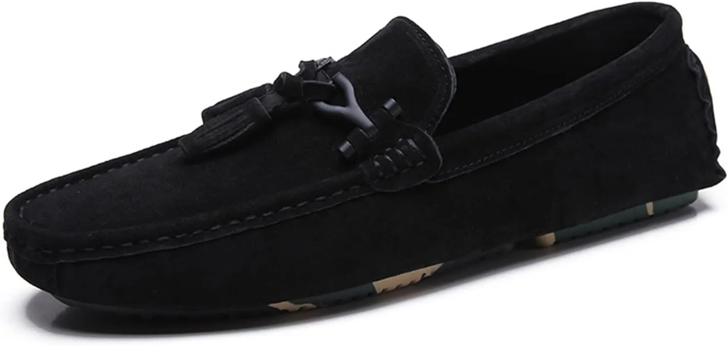 Easy to Put and Remove. Driving Moccasins for Men Tassel Suede Vamp Genuine Leather Stitching Details Round Toe Soft Comfortable Resistant Walking Slip On for All Occasions
