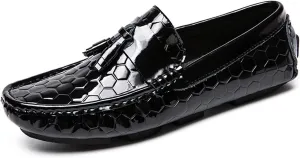 Easy to Put and Remove Loafer Shoes for Men Genuine Leather Round Toe Tassel Patent Leather Hexagon Embossed Soft Flexible Comfortable Walking Slip On for All Occasions