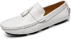 Easy to Put and Remove Loafer Shoes for Men Genuine Leather Round Toe Tassel Patent Leather Hexagon Embossed Soft Flexible Comfortable Walking Slip On for All Occasions