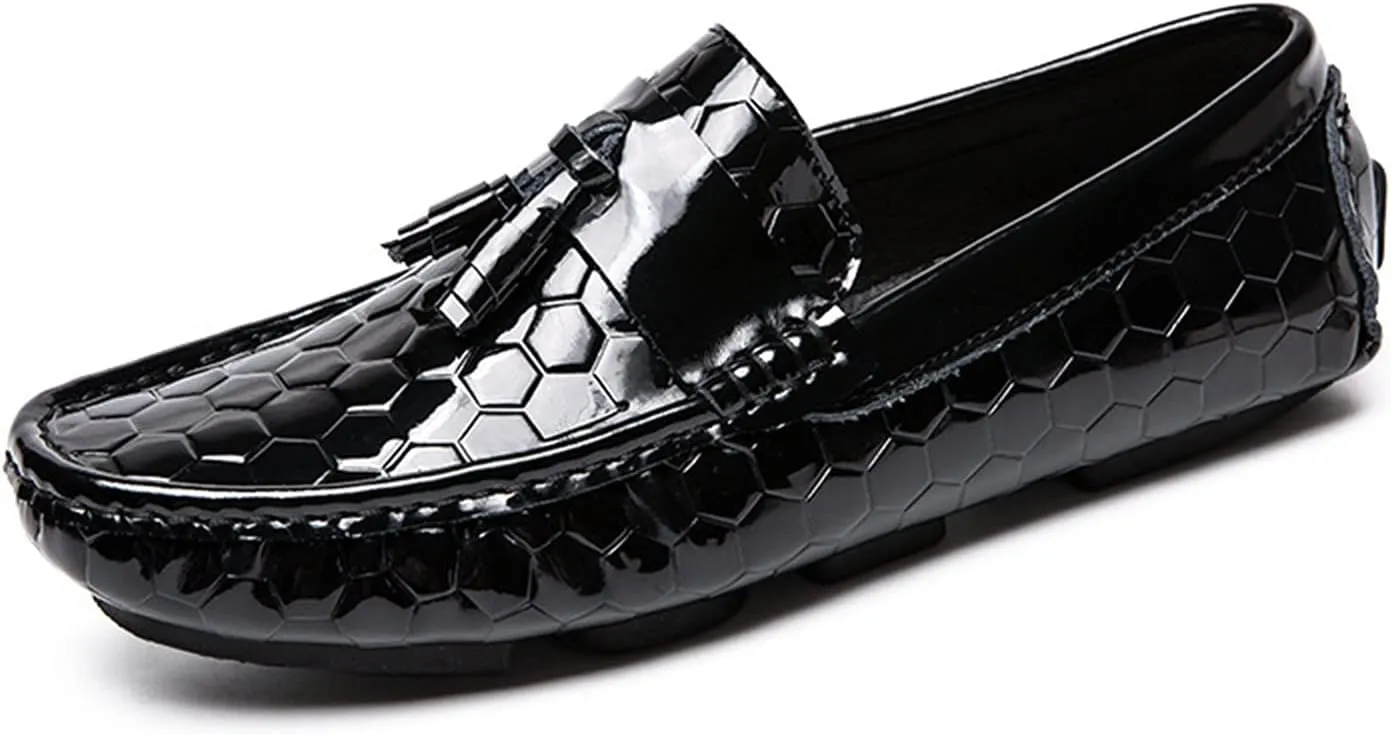Easy to Put and Remove Loafer Shoes for Men Genuine Leather Round Toe Tassel Patent Leather Hexagon Embossed Soft Flexible Comfortable Walking Slip On for All Occasions