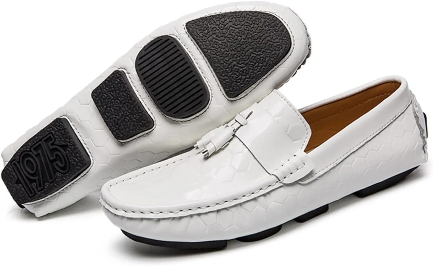 Easy to Put and Remove Loafer Shoes for Men Genuine Leather Round Toe Tassel Patent Leather Hexagon Embossed Soft Flexible Comfortable Walking Slip On for All Occasions