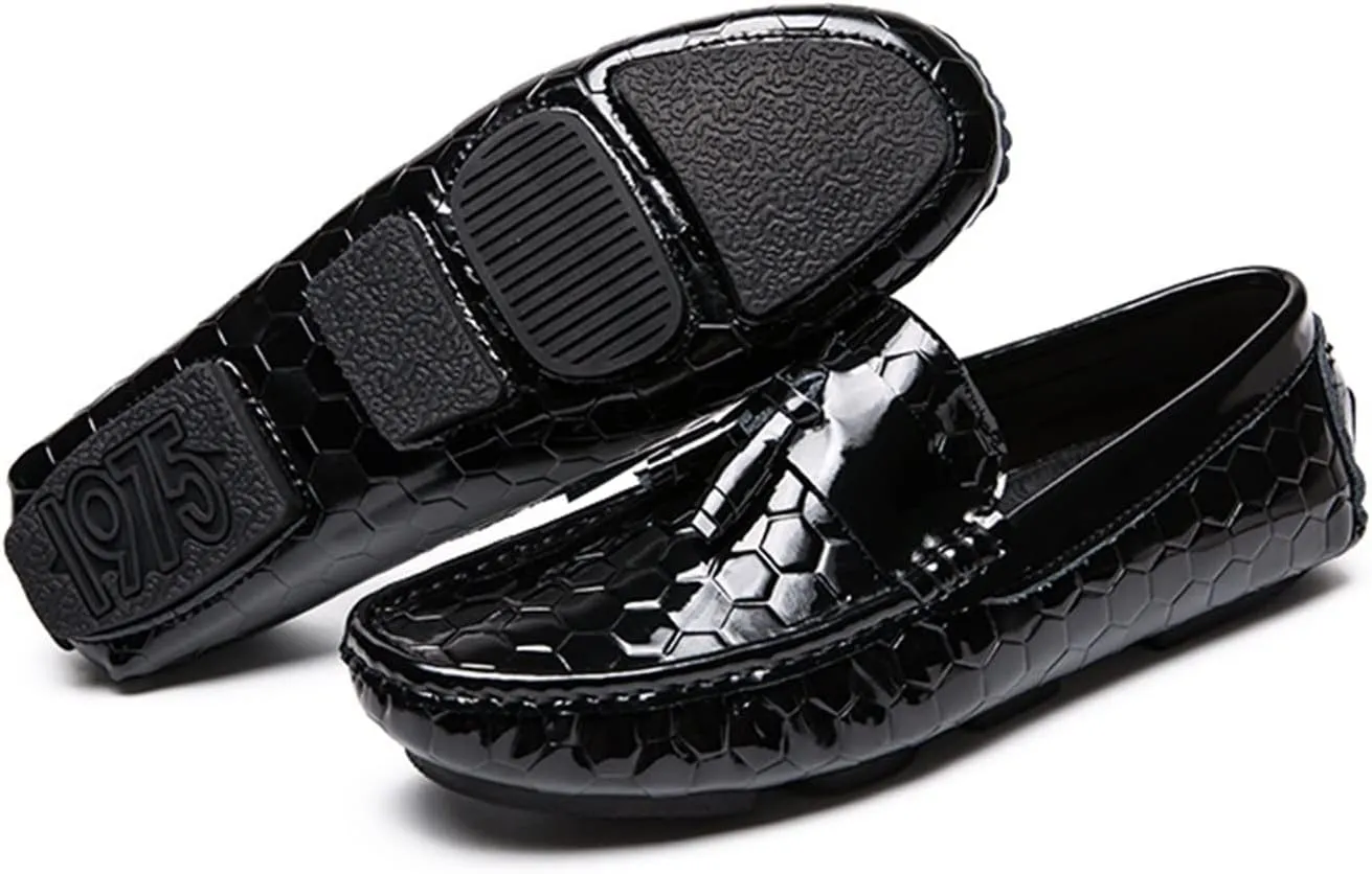 Easy to Put and Remove Loafer Shoes for Men Genuine Leather Round Toe Tassel Patent Leather Hexagon Embossed Soft Flexible Comfortable Walking Slip On for All Occasions