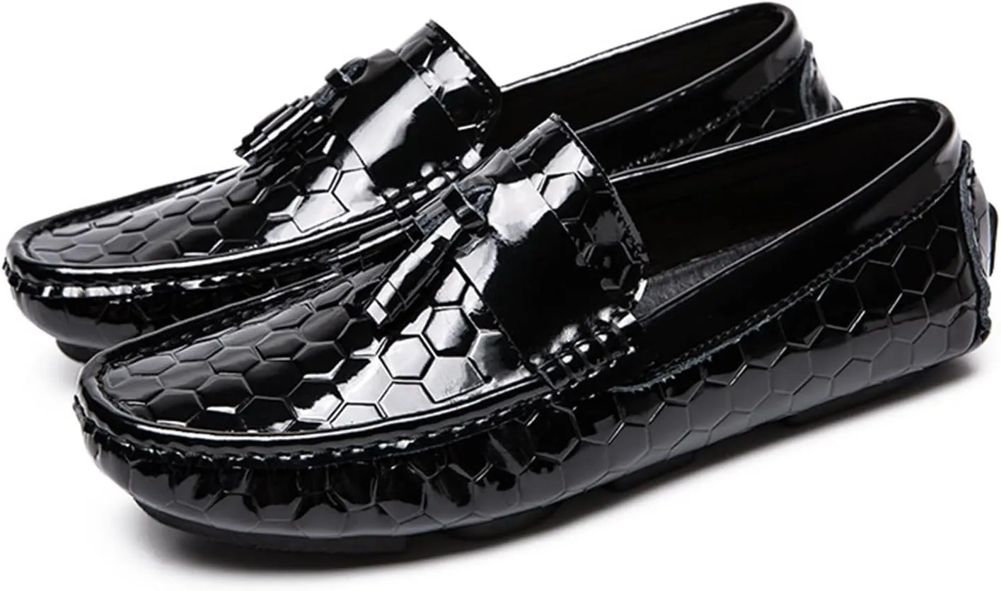 Easy to Put and Remove Loafer Shoes for Men Genuine Leather Round Toe Tassel Patent Leather Hexagon Embossed Soft Flexible Comfortable Walking Slip On for All Occasions