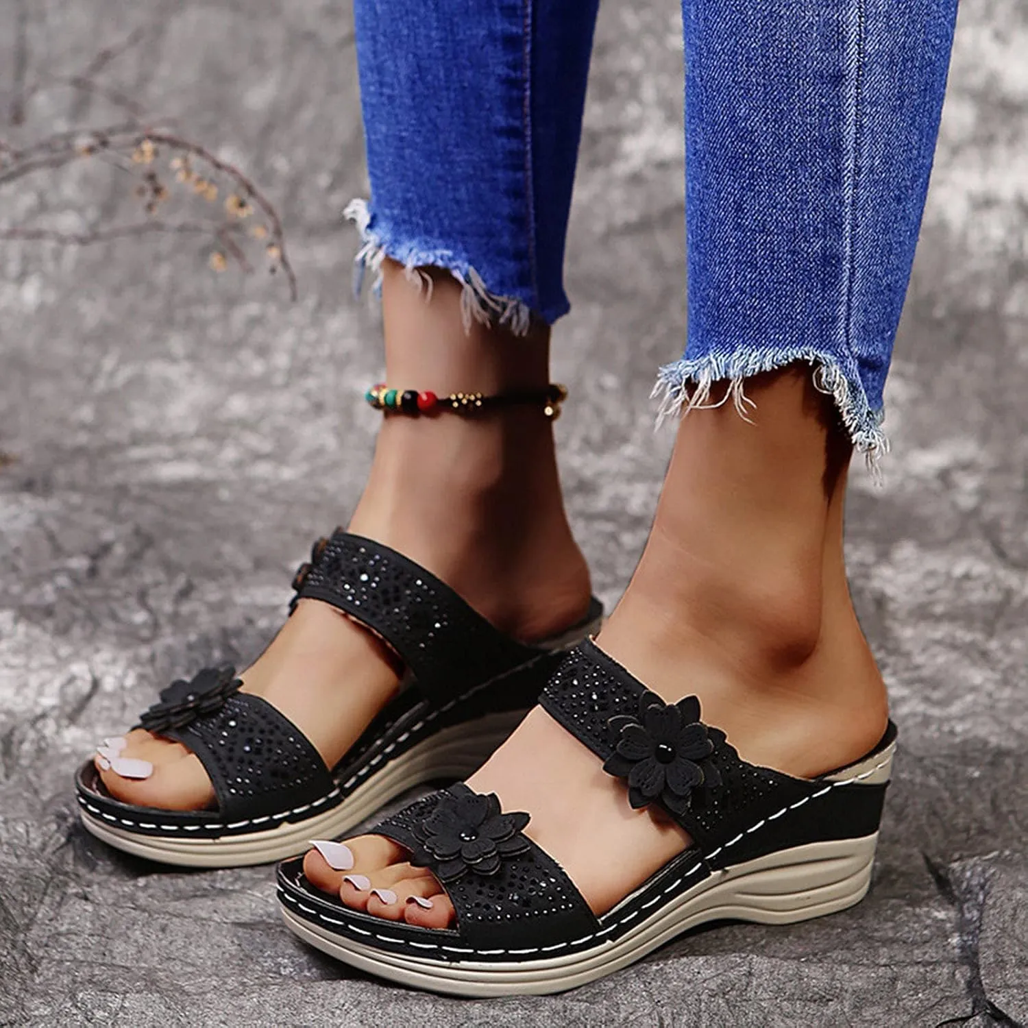 Eduavar Womens Sandals Dressy, Women Sandals Comfortable Peep Toe Sandals Slip On Wedge Platform Sandals Shoes