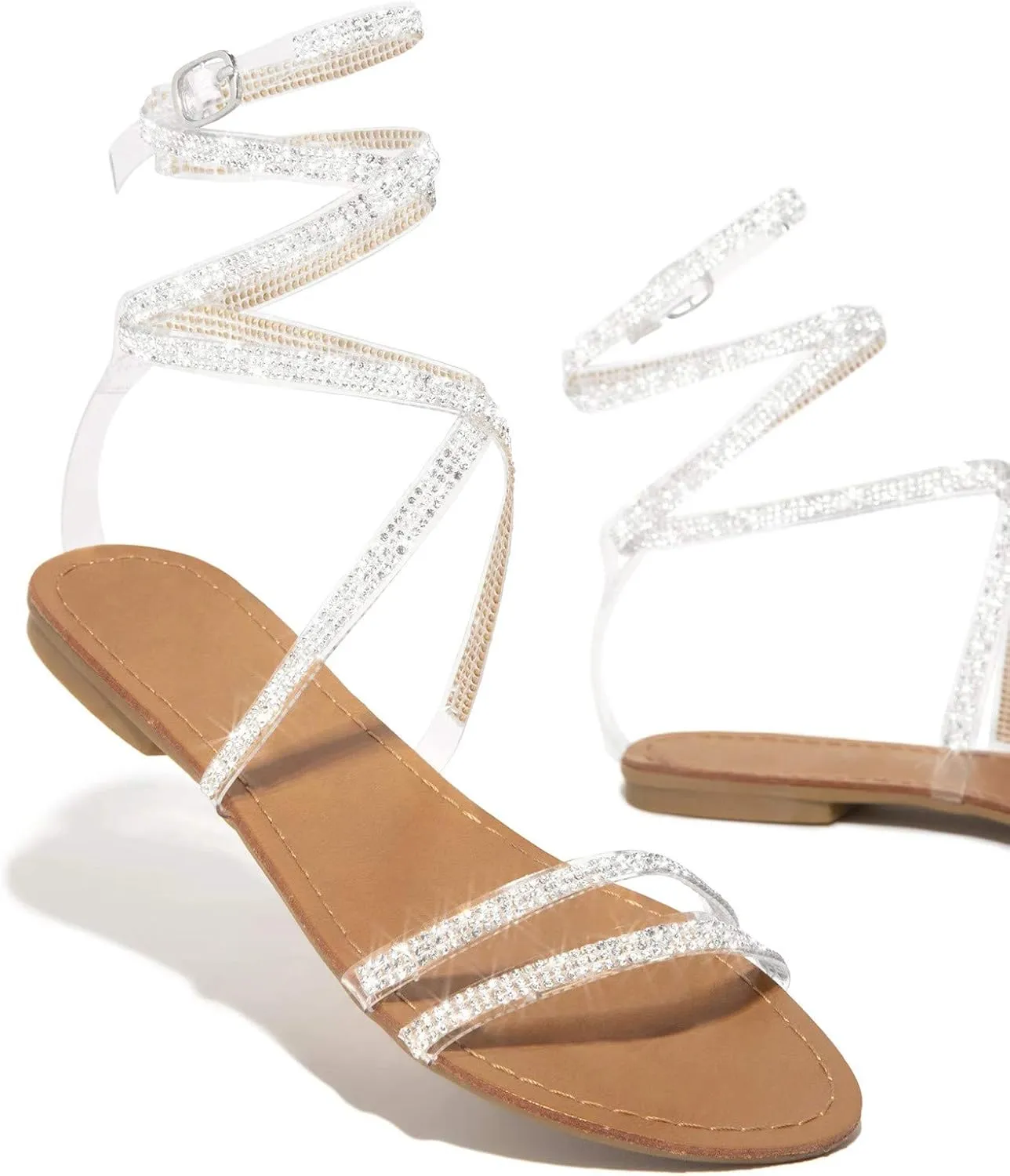 EMRELOD Sandals for Women Dressy Summer Flat Casual Summer Rhinestone Beaded Sparkly Bling Bohemian Lace Flower Sandal Comfortable Elastic Ankle Strap Beach Shoes (05-White, 7.5)