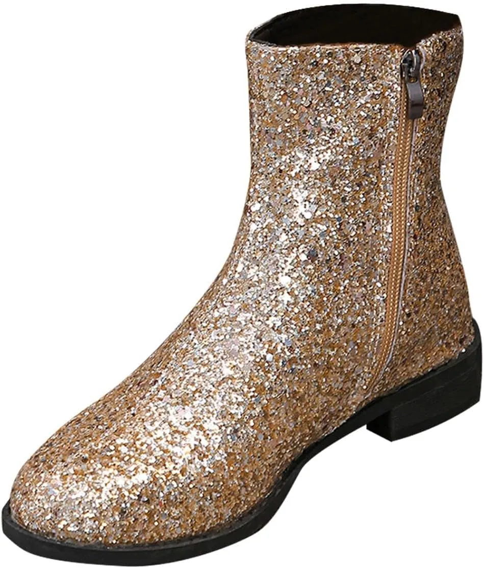 Fashion Glitter Ankle Boots Women Sparkly Zipper Low Heel Booties Shoes Round Toe Sequin Short Boot Mid Calf Bootie Wide Width Booties For Women Todays Deals In Clearance