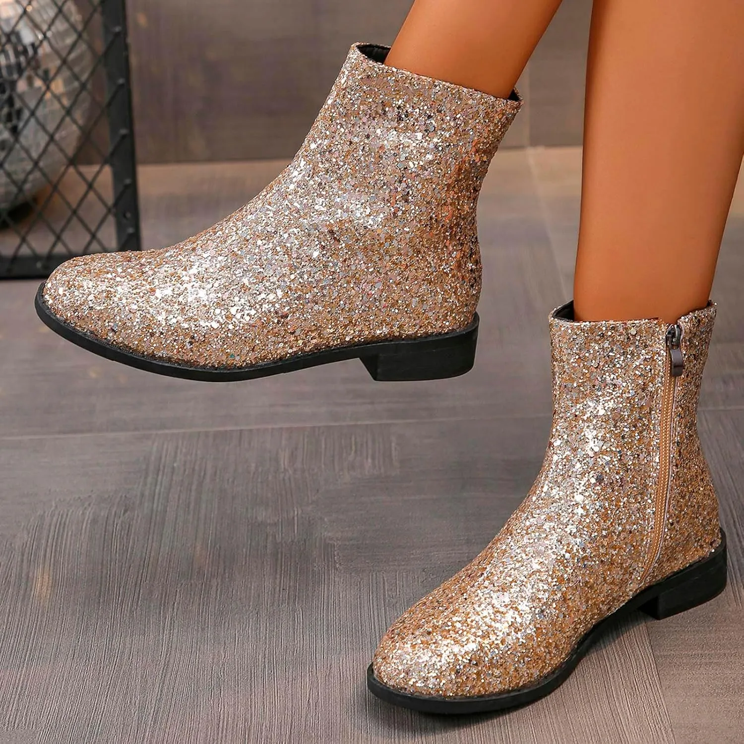 Fashion Glitter Ankle Boots Women Sparkly Zipper Low Heel Booties Shoes Round Toe Sequin Short Boot Mid Calf Bootie Wide Width Booties For Women Todays Deals In Clearance