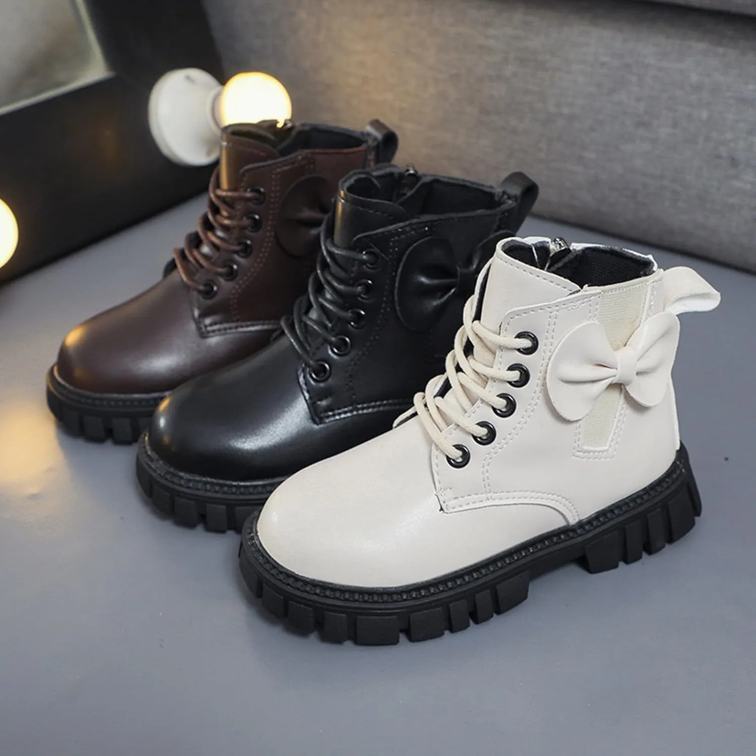 Fashion Non Slip Ankle Boots Lace up Lug Sole Side Zipper Outdoor Booties Kids Cowboy Boots Toddler Boots