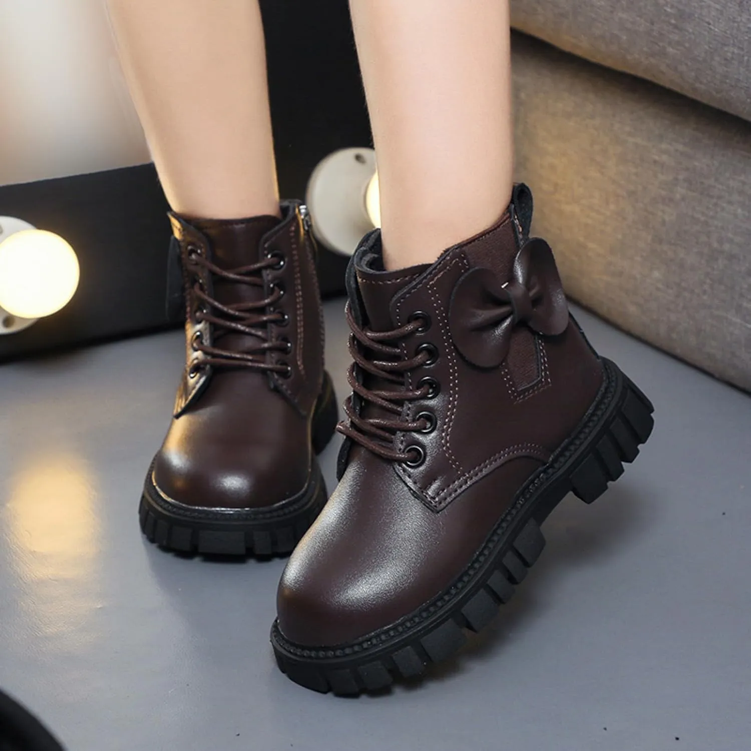 Fashion Non Slip Ankle Boots Lace up Lug Sole Side Zipper Outdoor Booties Kids Cowboy Boots Toddler Boots