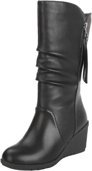 Fashion Women Keep Warm Wedges Artificial Leather Zipper Mid Calf Boots Round Toe Shoes Mid Calf Boots for Women Suede
