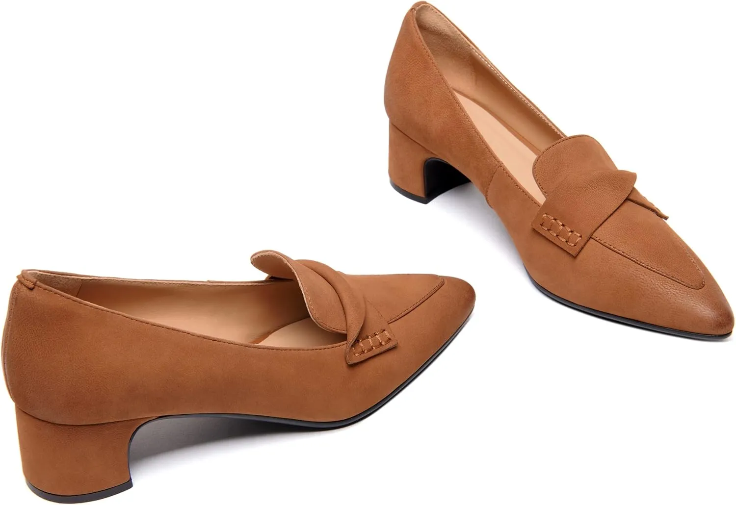 FEMSTEP Womens Pointed Toe Slip On Business Matte Leather Formal Chunky Low Heel Loafers Shoes 1.5 Inch