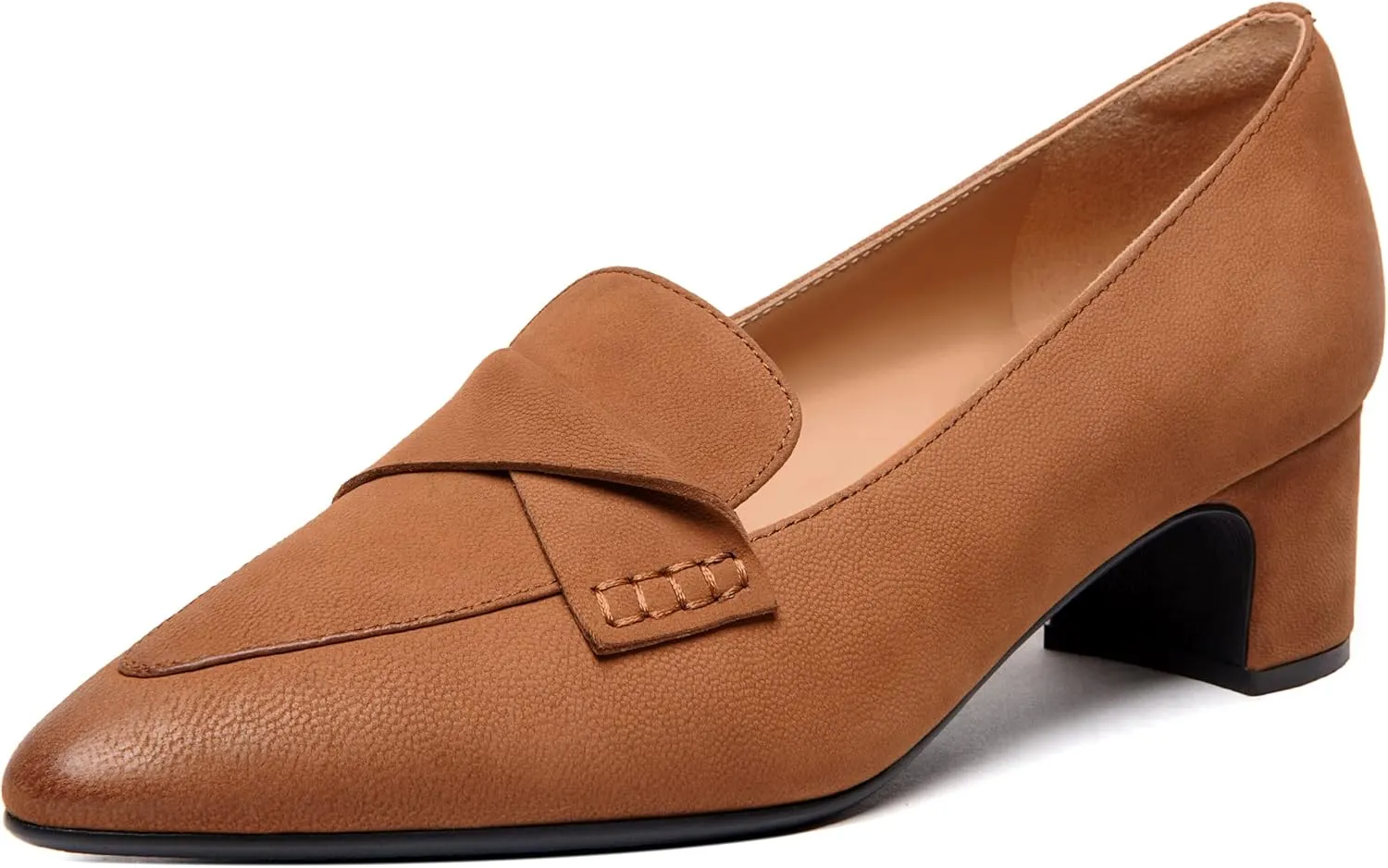 FEMSTEP Womens Pointed Toe Slip On Business Matte Leather Formal Chunky Low Heel Loafers Shoes 1.5 Inch