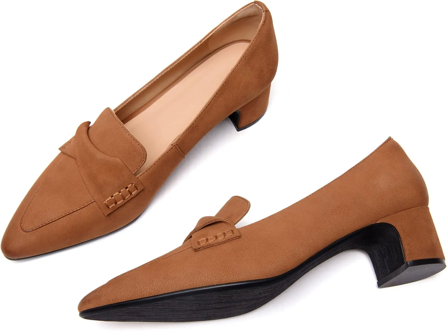 FEMSTEP Womens Pointed Toe Slip On Business Matte Leather Formal Chunky Low Heel Loafers Shoes 1.5 Inch