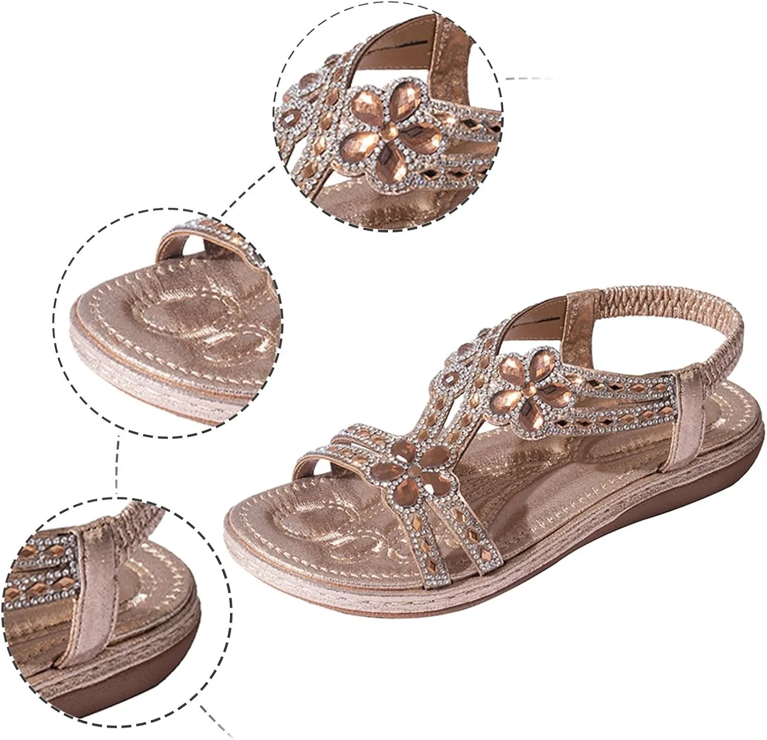 Flat Sandals for Women Dressy Bohemia Rhinestone Slip-on Open Toe Strappy Slides Vacation Non Slip on Summer Shoes Ladies Vintage Beach Boho Sandals