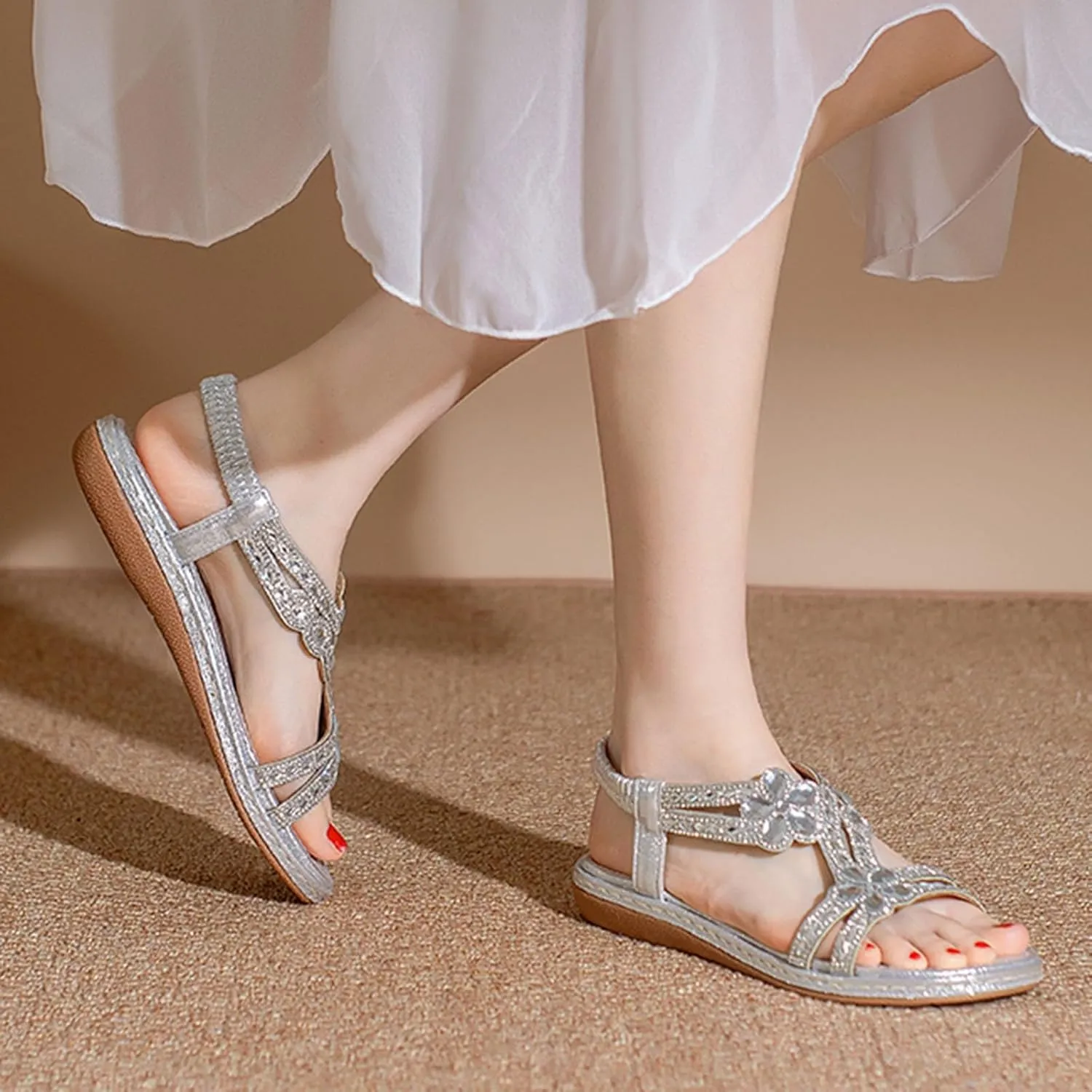 Flat Sandals for Women Dressy Bohemia Rhinestone Slip-on Open Toe Strappy Slides Vacation Non Slip on Summer Shoes Ladies Vintage Beach Boho Sandals