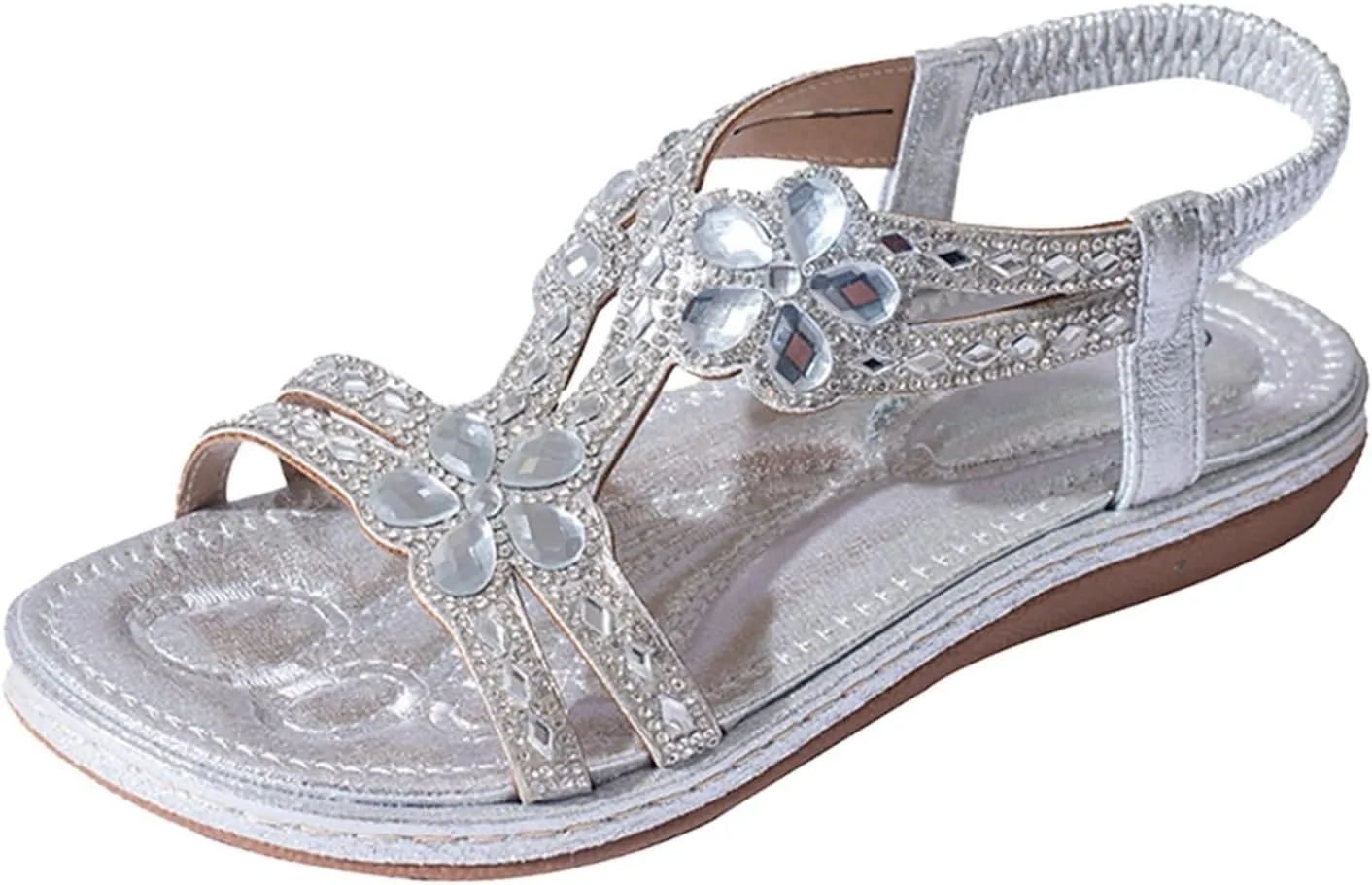 Flat Sandals for Women Dressy Bohemia Rhinestone Slip-on Open Toe Strappy Slides Vacation Non Slip on Summer Shoes Ladies Vintage Beach Boho Sandals
