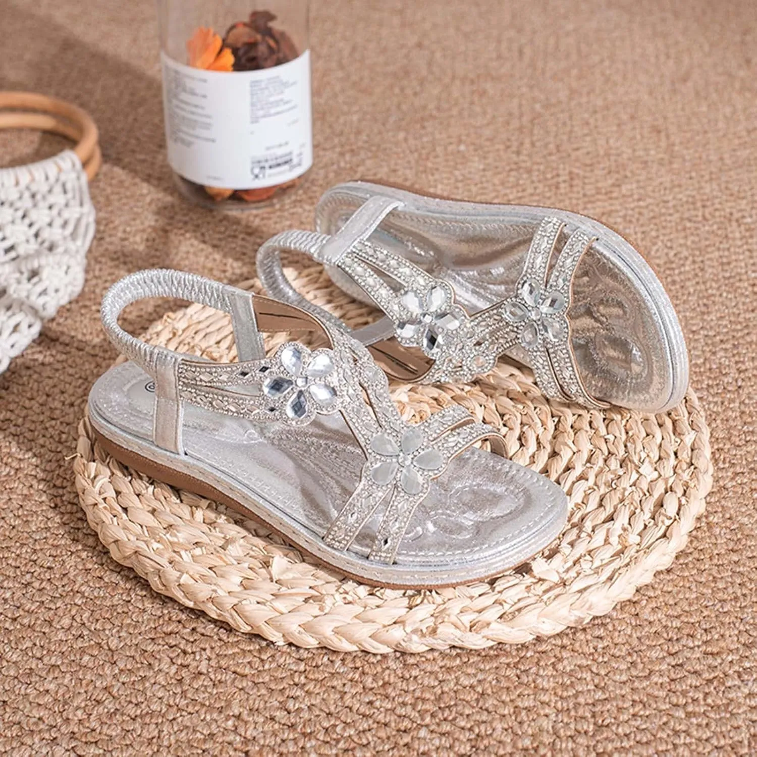 Flat Sandals for Women Dressy Bohemia Rhinestone Slip-on Open Toe Strappy Slides Vacation Non Slip on Summer Shoes Ladies Vintage Beach Boho Sandals