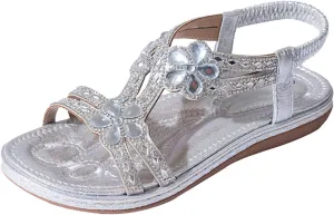 Flat Sandals for Women Dressy Bohemia Rhinestone Slip-on Open Toe Strappy Slides Vacation Non Slip on Summer Shoes Ladies Vintage Beach Boho Sandals