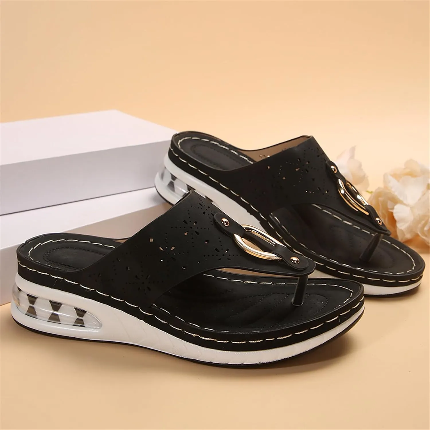 Flip Flops with Arch Support for Women Breathable Slip On Open Toe Orthopedic Wedge Sandals Comfort Platform Sandals