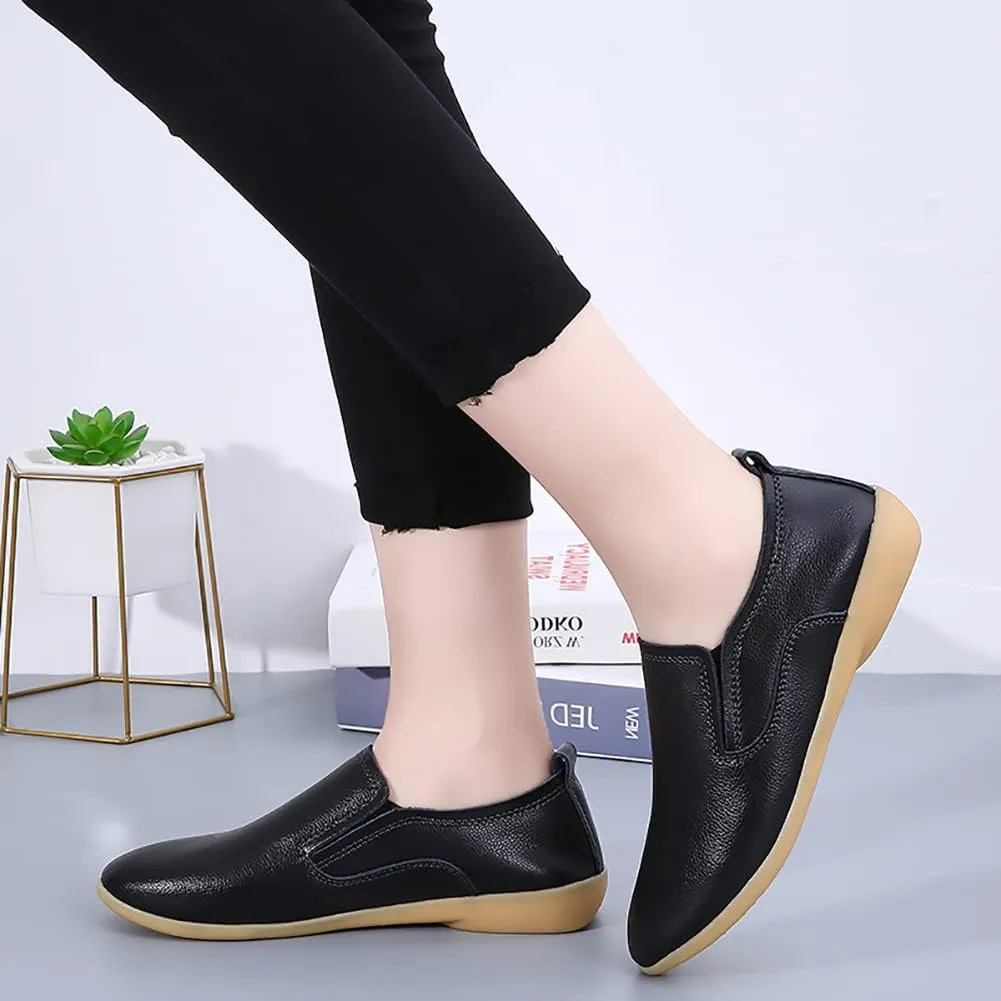 FolHaoth Womens Leather Loafers Comfortable Slip On Casual Flats Moccasins Nurse Breathable Wild Walking Driving Fashion Soft Shoes