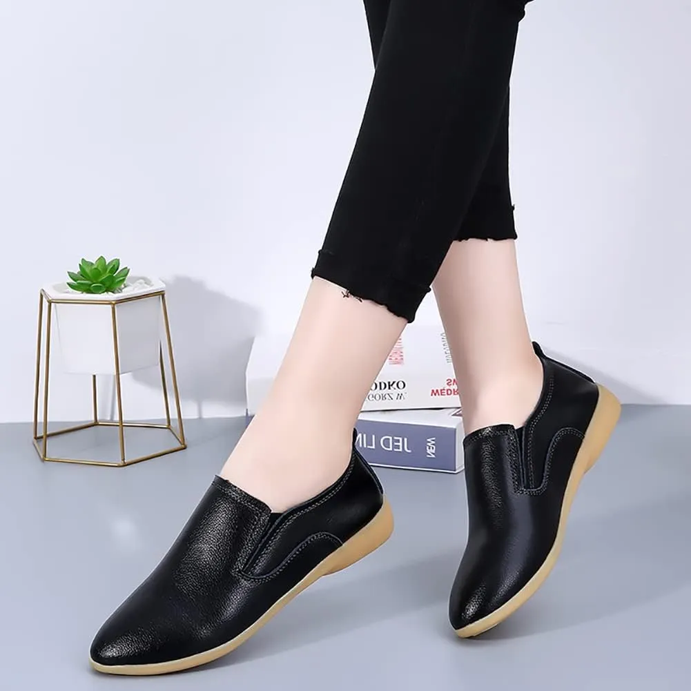 FolHaoth Womens Leather Loafers Comfortable Slip On Casual Flats Moccasins Nurse Breathable Wild Walking Driving Fashion Soft Shoes