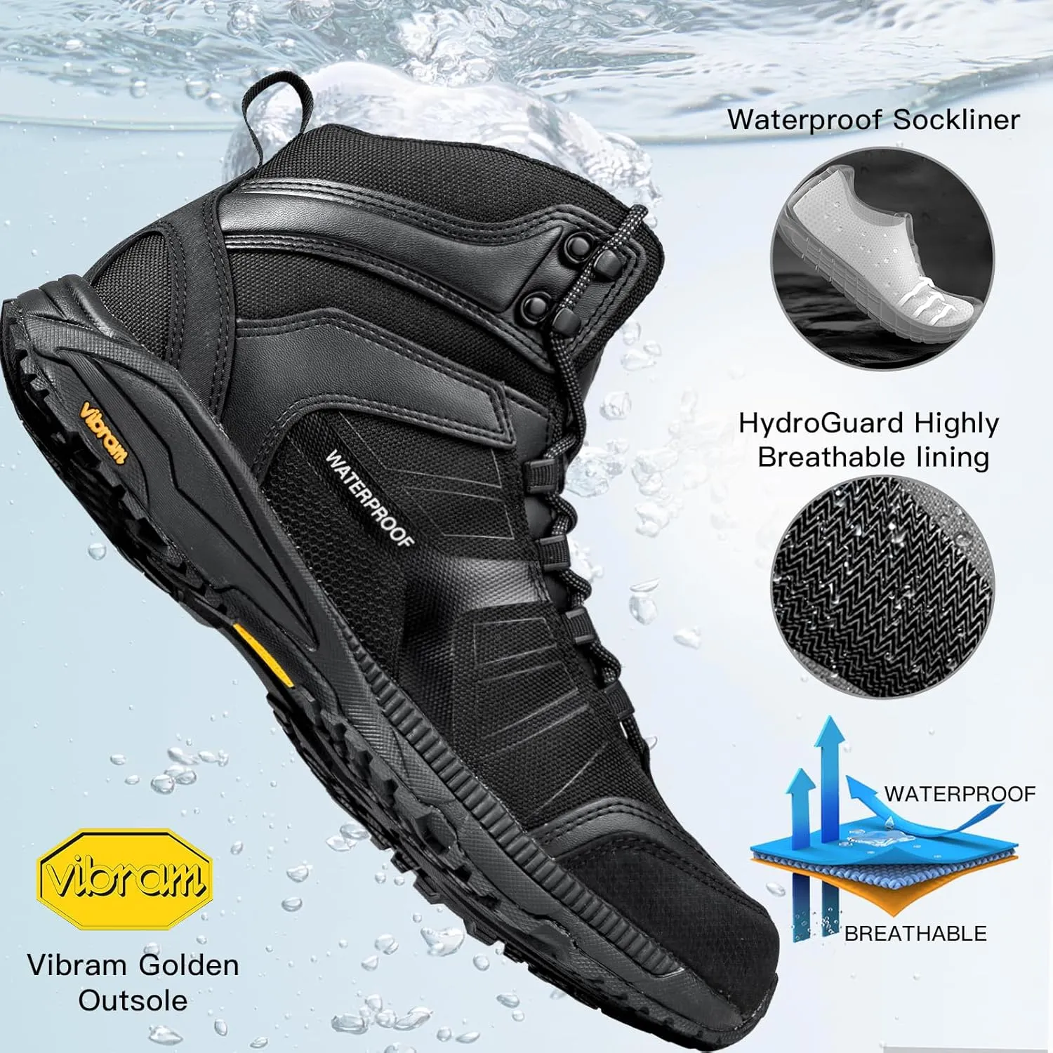 FREE SOLDIER Waterproof Hiking Boots for Men Black Boots Hiking Shoes for Men