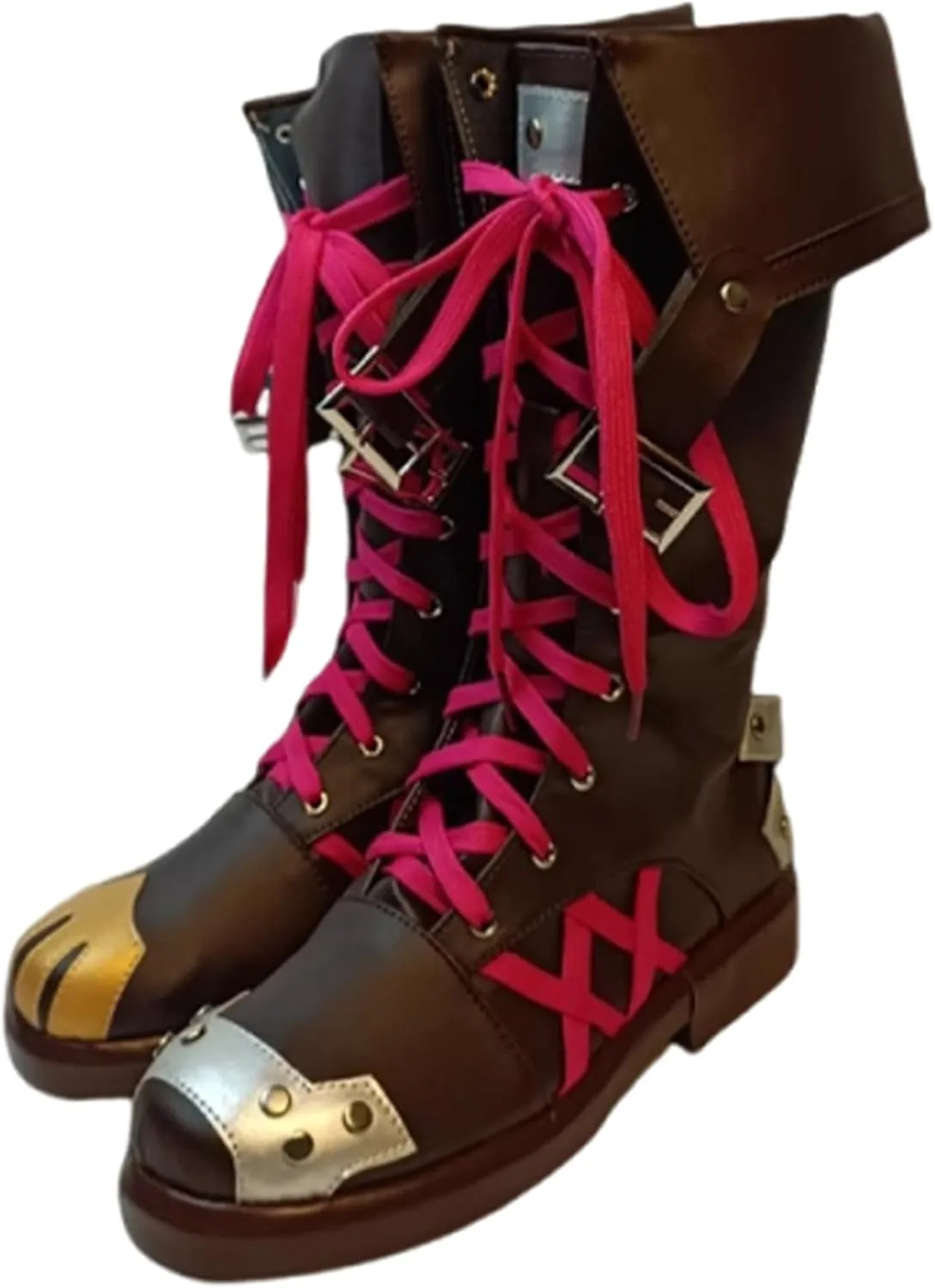 Game Cosplay for Arcane Boots,Brown Shoes with Pink Straps Brown Leather Boots Unisex