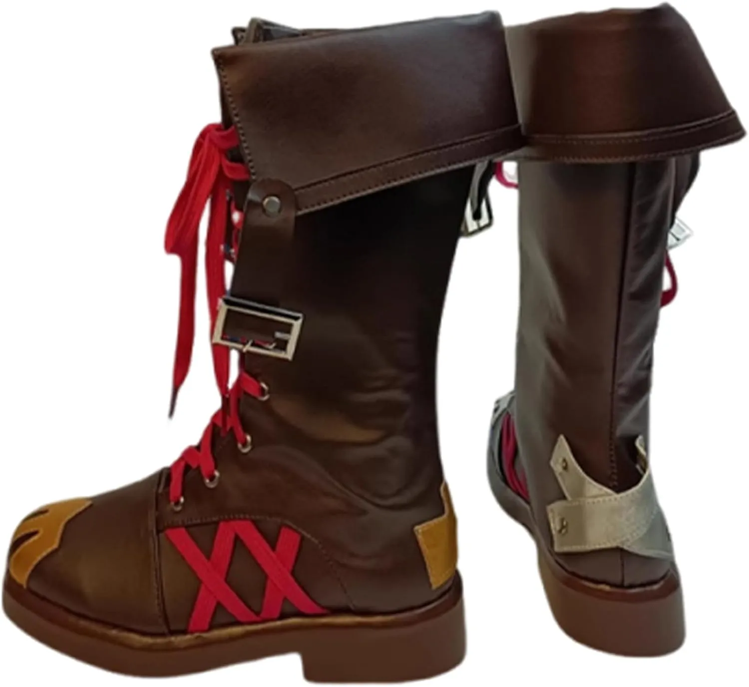 Game Cosplay for Arcane Boots,Brown Shoes with Pink Straps Brown Leather Boots Unisex