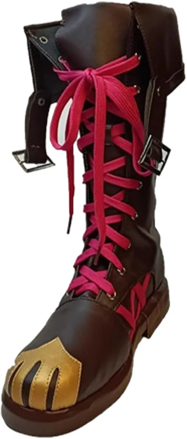 Game Cosplay for Arcane Boots,Brown Shoes with Pink Straps Brown Leather Boots Unisex
