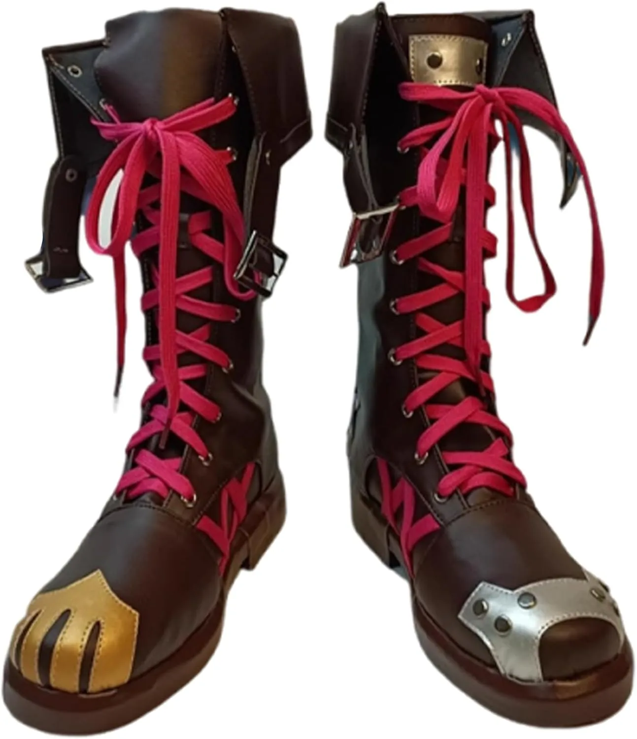 Game Cosplay for Arcane Boots,Brown Shoes with Pink Straps Brown Leather Boots Unisex