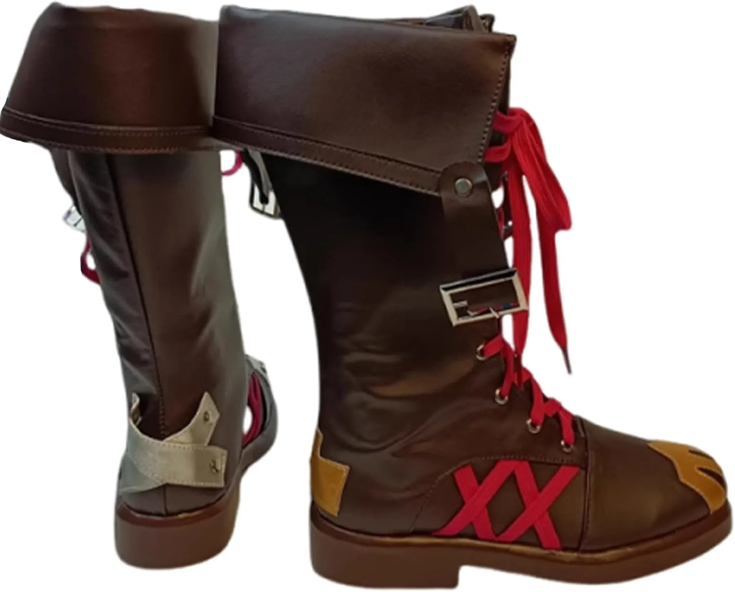 Game Cosplay for Arcane Boots,Brown Shoes with Pink Straps Brown Leather Boots Unisex