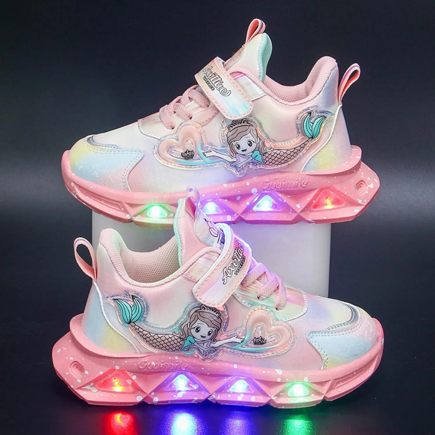 Generic Kids Girls Light Up Mermid Pattern Sneaker Hook Loop Thick Bottom Non Slip Sports Shoes Fashion Casual Shoes