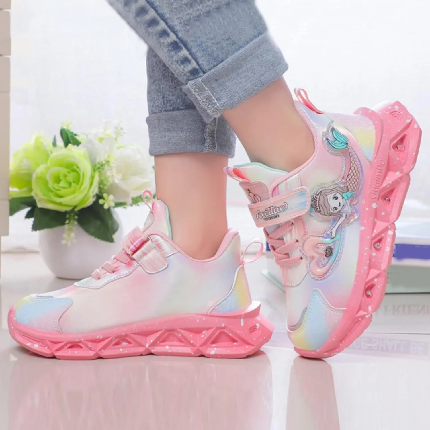 Generic Kids Girls Light Up Mermid Pattern Sneaker Hook Loop Thick Bottom Non Slip Sports Shoes Fashion Casual Shoes