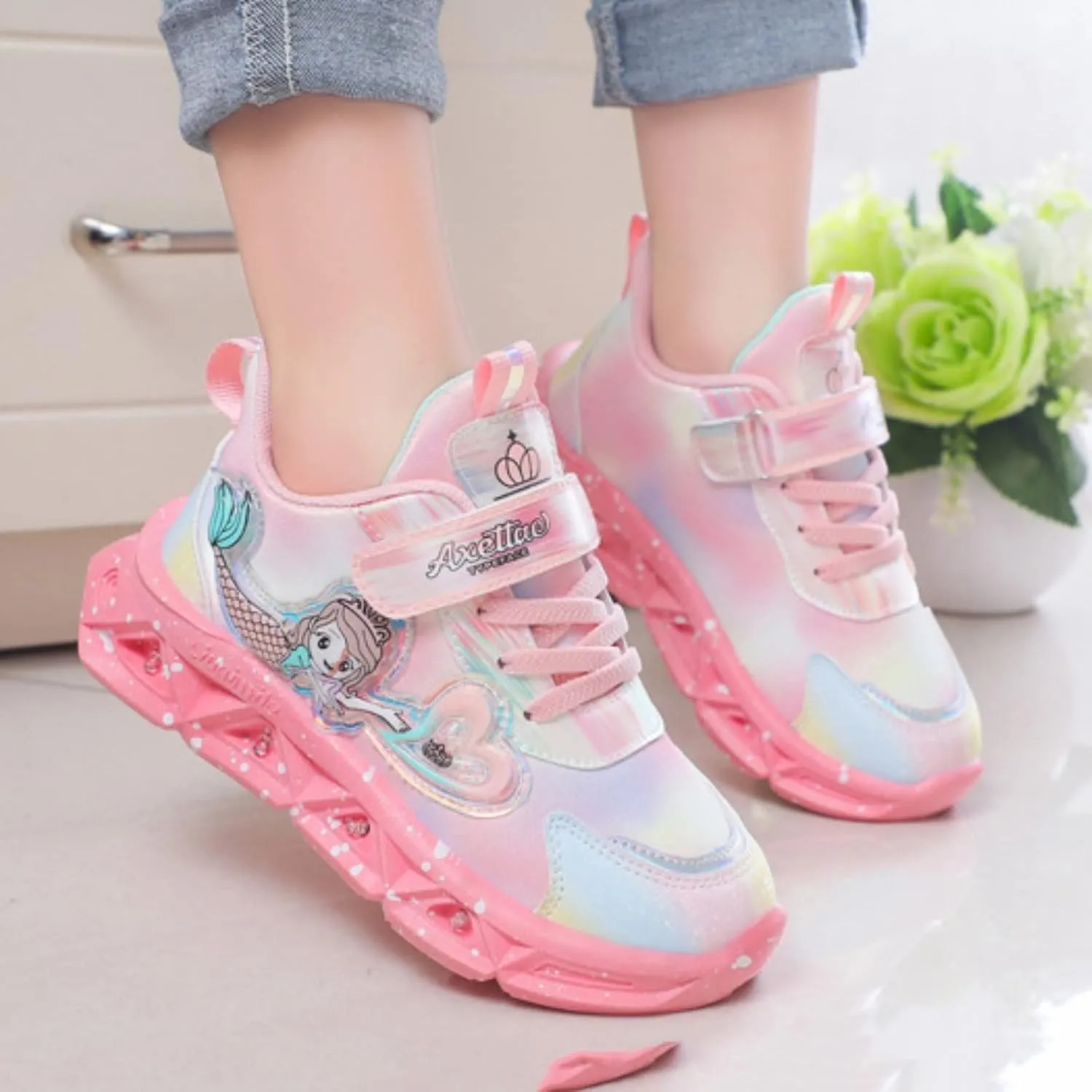 Generic Kids Girls Light Up Mermid Pattern Sneaker Hook Loop Thick Bottom Non Slip Sports Shoes Fashion Casual Shoes