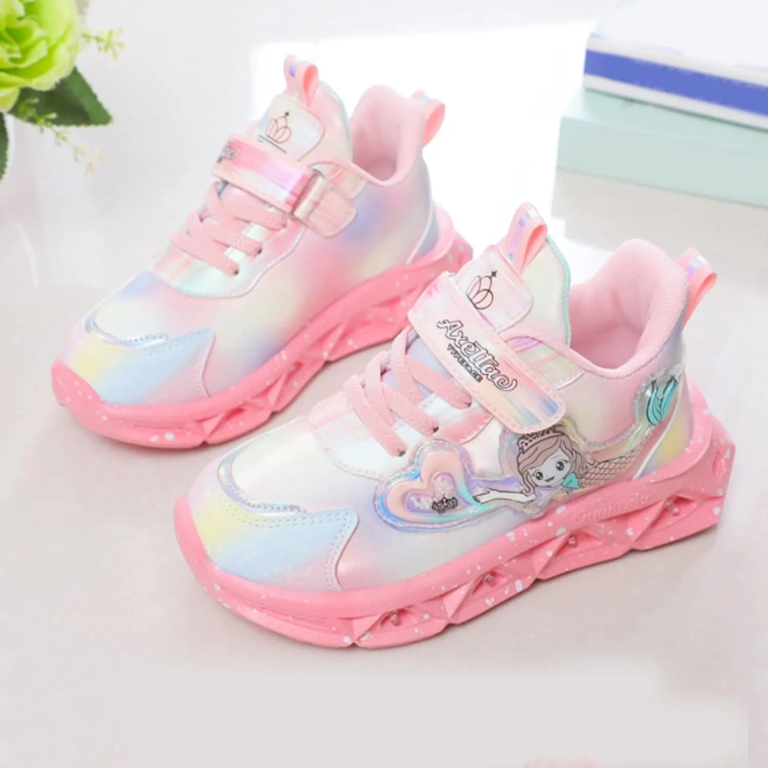 Generic Kids Girls Light Up Mermid Pattern Sneaker Hook Loop Thick Bottom Non Slip Sports Shoes Fashion Casual Shoes