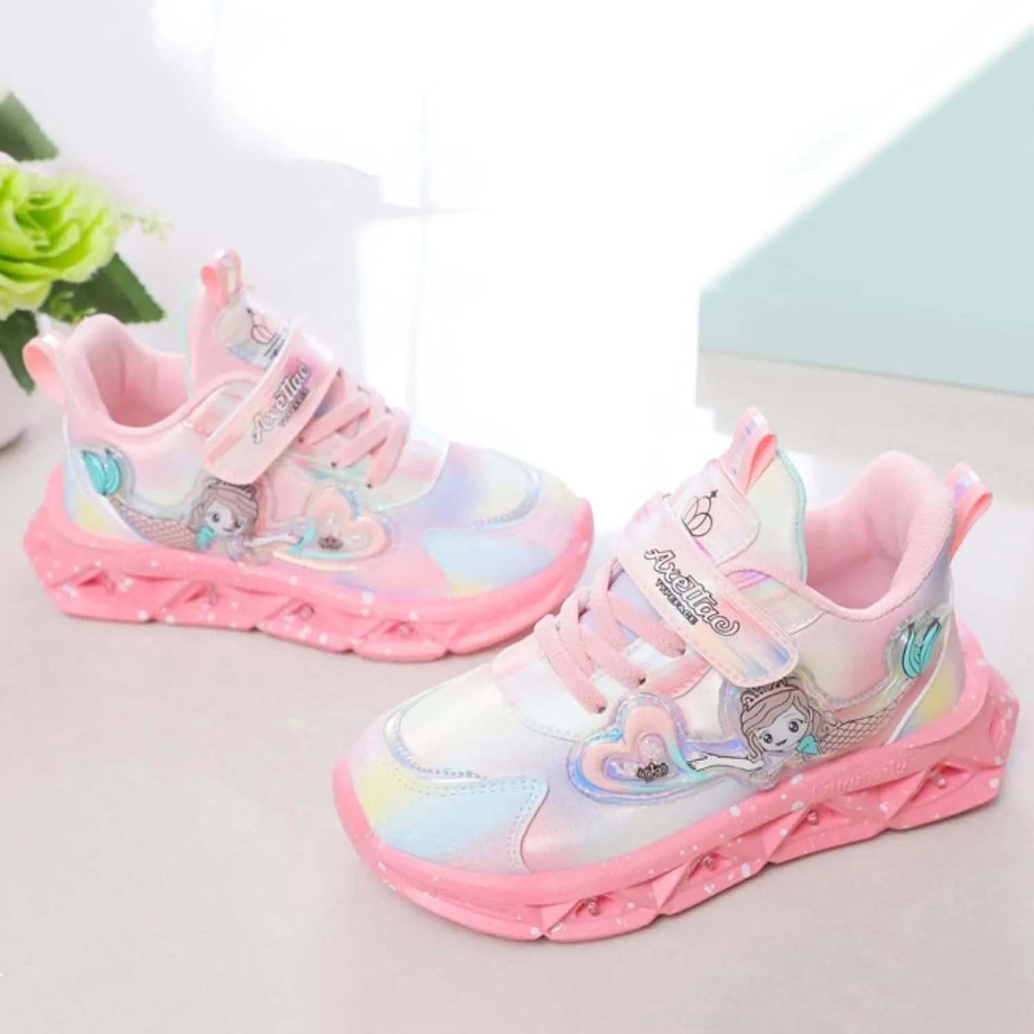 Generic Kids Girls Light Up Mermid Pattern Sneaker Hook Loop Thick Bottom Non Slip Sports Shoes Fashion Casual Shoes