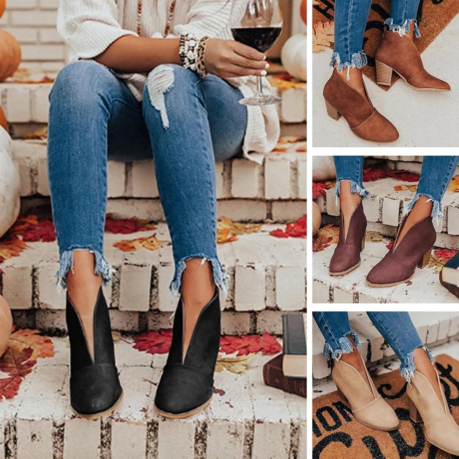 Gibobby Ankle Booties for Women Flat,Hollow Ankle Boots Low Chunky Block Stacked Heel Boots Slip On Pointed Toe Western Shoes