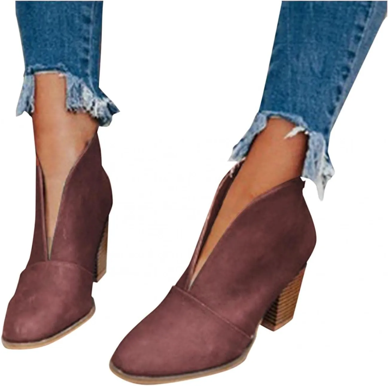 Gibobby Ankle Booties for Women Flat,Hollow Ankle Boots Low Chunky Block Stacked Heel Boots Slip On Pointed Toe Western Shoes