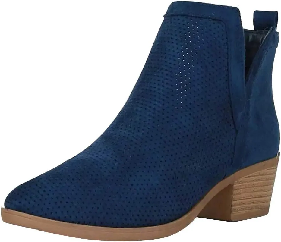 Gibobby Ankle Boots for Women Low Heel,Slip-On Loafers Pointed Toe Chunky Hollow Bucket Office Casual Shoes Cutout Booties