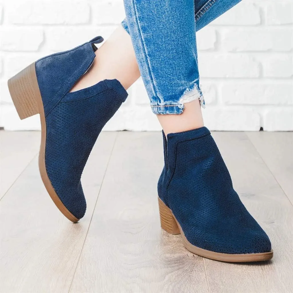 Gibobby Ankle Boots for Women Low Heel,Slip-On Loafers Pointed Toe Chunky Hollow Bucket Office Casual Shoes Cutout Booties
