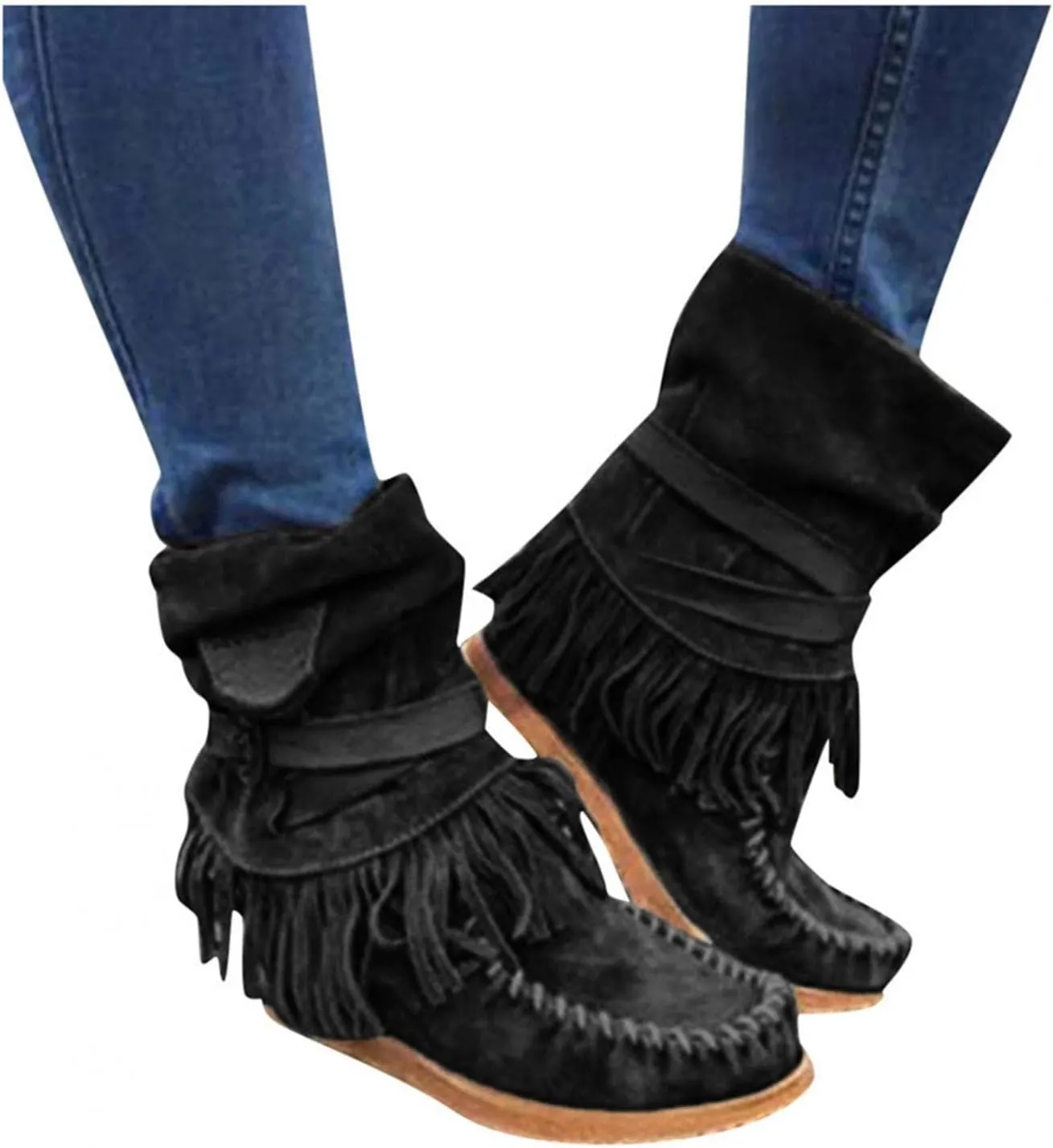 Gibobby Booties for Womens Mid Knee High Boots Chunky Heel Fringe Side Zipper Fashion Winter Shoes Cowboy Booties